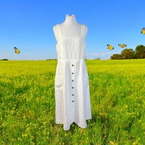 VINCE CAMUTO Button Front White Sleeveless Maxi Dress - Size L Linen